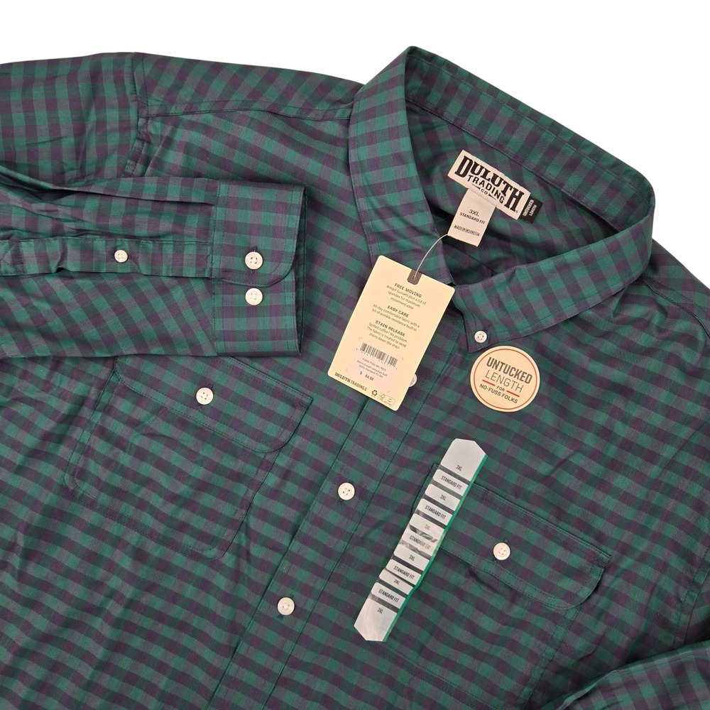Duluth Trading Co NWT 3XL Button Down Shirt Mens Untucked Gingham Green Navy